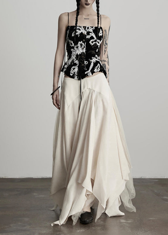 Nueva falda asimétrica beige de tul patchwork de lino y seda para primavera