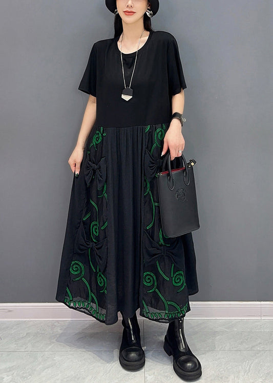 Neu Schwarz Bogen Taschen Patchwork Baumwolle Kleider Sommer