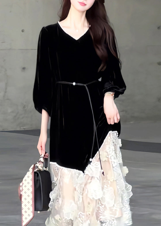 Nuevos vestidos largos de terciopelo con patchwork de tul y cuello redondo negros de primavera