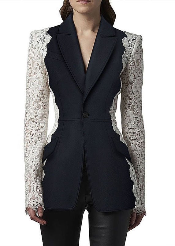 New Black Peter Pan Collar Lace Patchwork Blazer Jackets Coats Fall