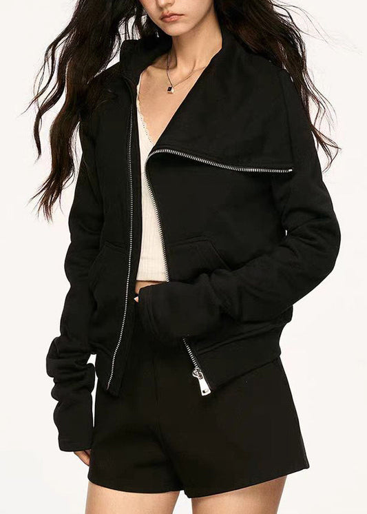 Nuevos abrigos de algodón negros con cuello Peter Pan y bolsillos con cremallera para primavera