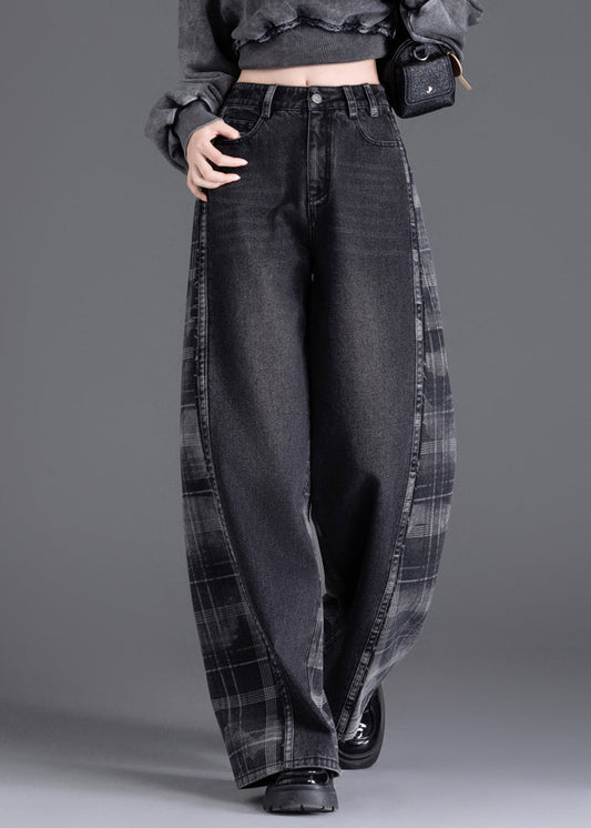 New Black Pockets Plaid Patchwork Warm Fleece Denim Pants Winter