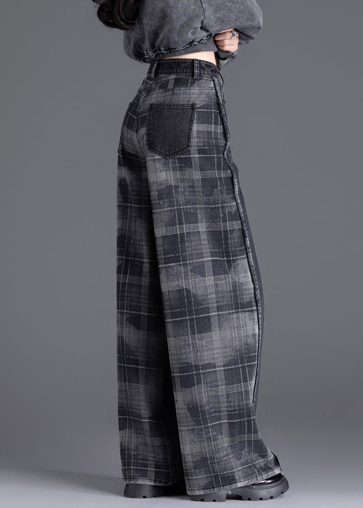 New Black Pockets Plaid Patchwork Warm Fleece Denim Pants Winter