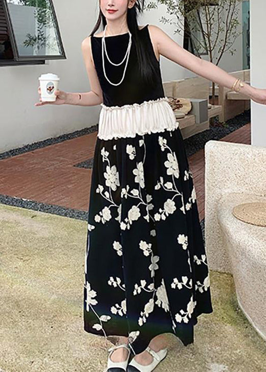 New Black Ruffled Print Patchwork Cotton Long Dress Sleeveless