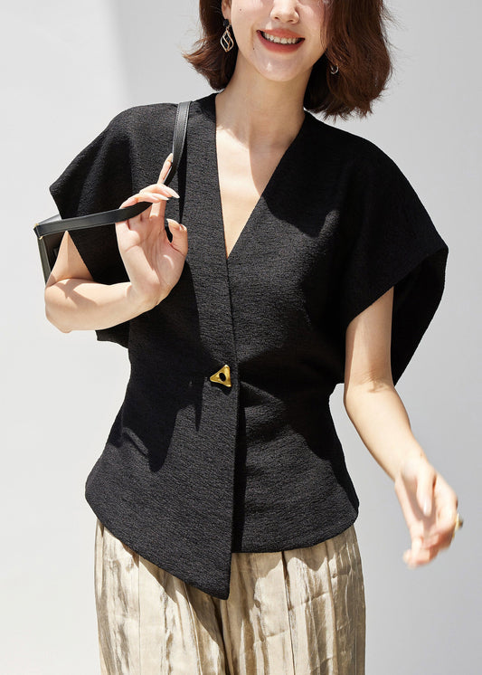 New Black V Neck Button Spandex Top Summer