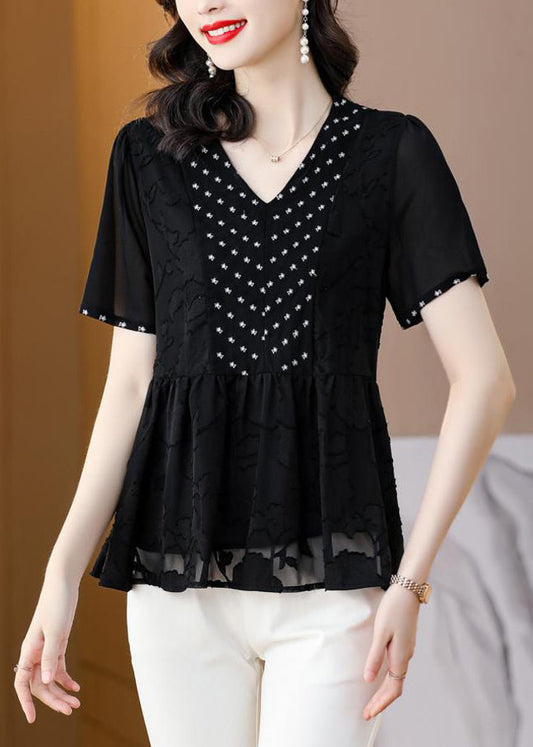 New Black V Neck Embroidered Chiffon Blouse Tops Summer