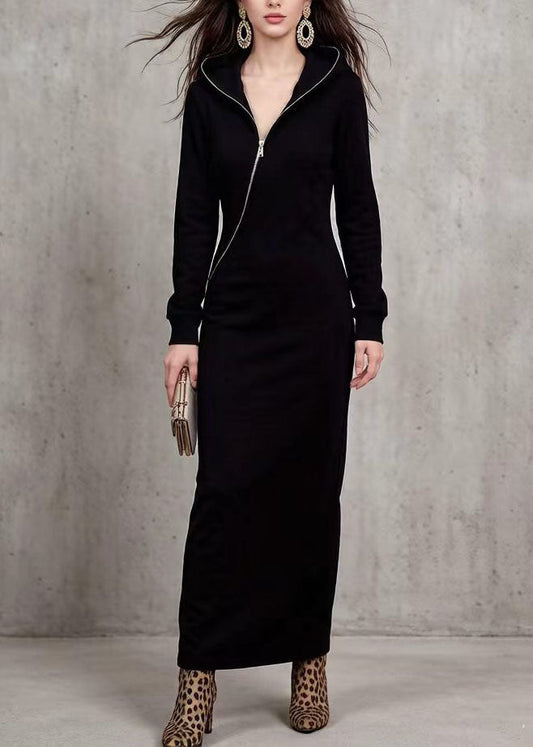 New Black Zip Up Asymmetrical Design Patchwork Cotton Dress Fall