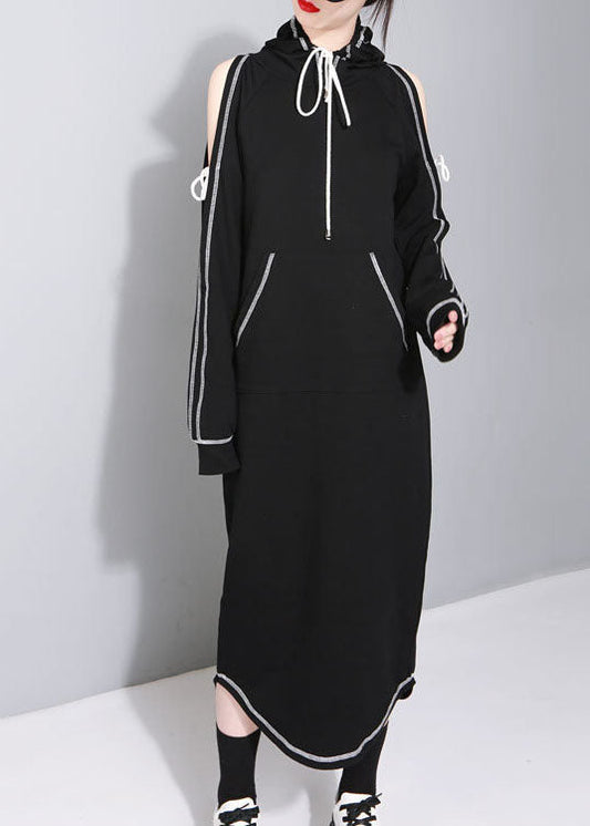 Neu Schwarz mit kapuze Taschen asymmetrische design Herbst Sweatshirts Kleider