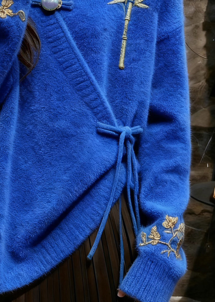 New Blue Cotton Knit Sweaters V Neck Embroidered Fall