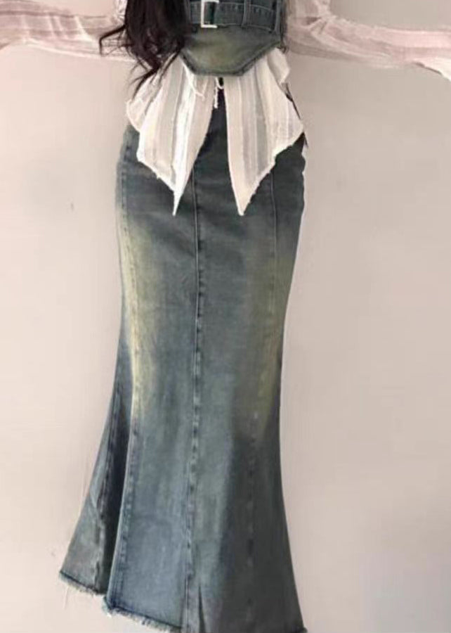 Neu Blau Lace Up Taschen Denim Sets 3 Stück Langarm