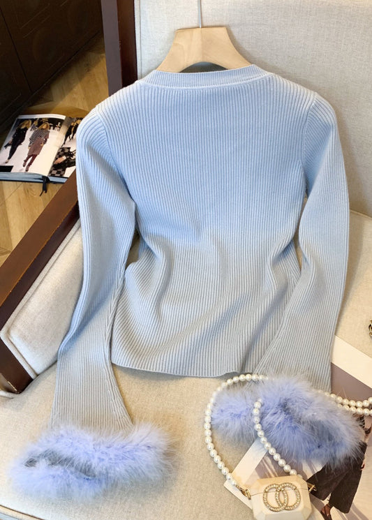 New Blue O Neck Cozy Patchwork Knit Sweater Tops Winter