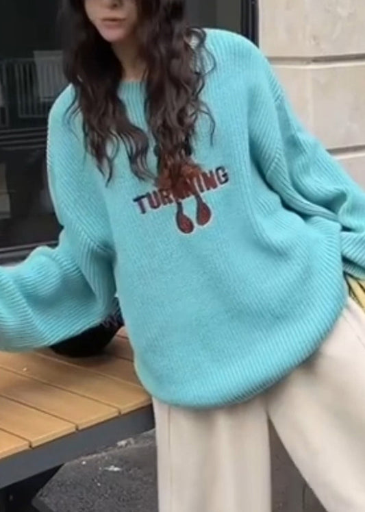 Nuevo suéter de punto bordado con cuello redondo azul para invierno