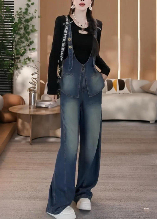 New Blue Patchwork Denim Overalls Jumpsuit Spring