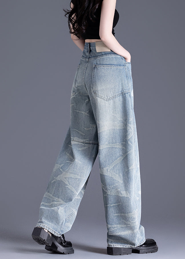 New Blue Pockets Tie Dye Patchwork Denim Pants Spring