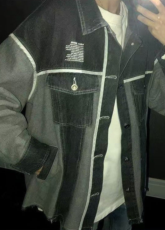 New Blue Print Pockets Patchwork Denim Mens Coats Fall