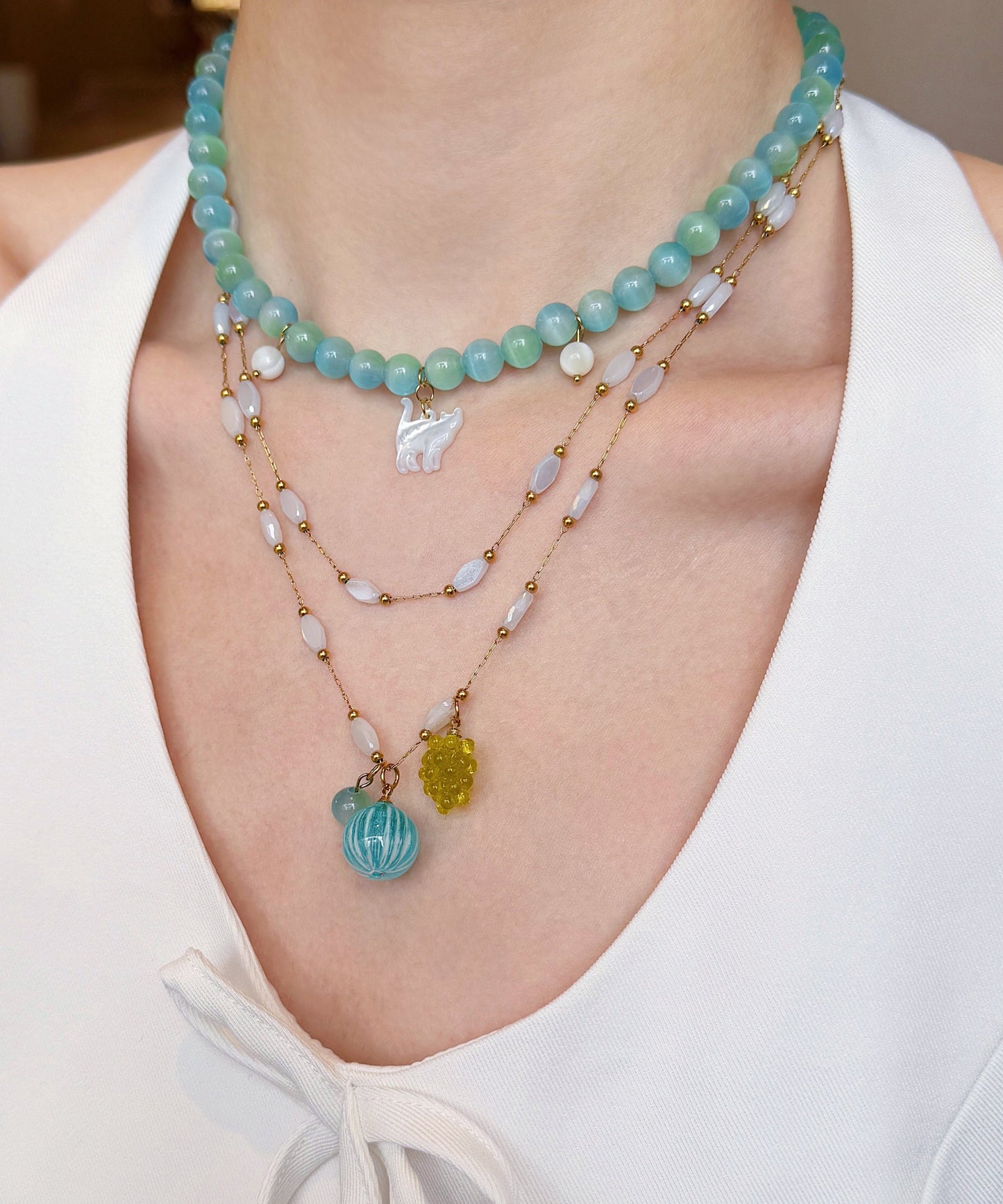 New Blue Stringing Beads Layering Alloy Two Piece Set Pendant Necklace