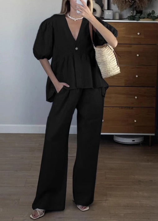 New Blue V Neck Button Pockets Cotton Two Piece Set Summer