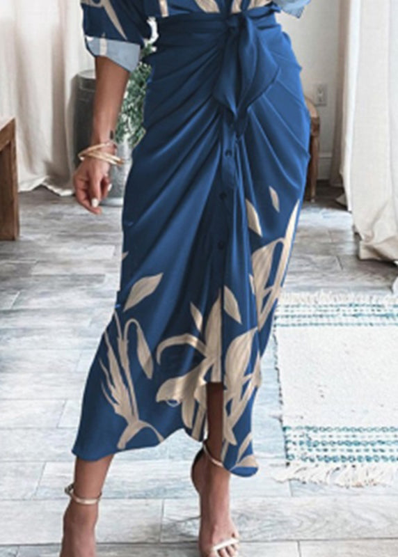 Neu Blau V Neck Print Lace Up Baumwolle Shirts Kleider Langarm