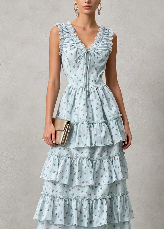 New Blue V Neck Ruffled Patchwork Cotton Maxi Dresses Summer