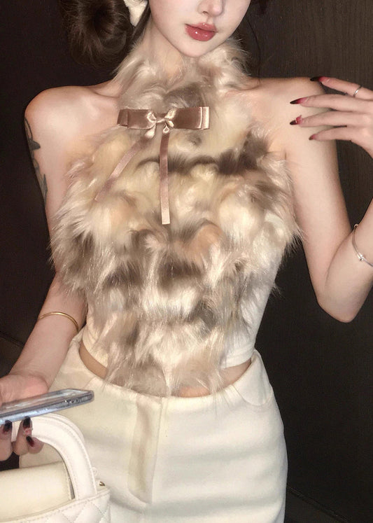 New Bow Fur Hair Splicing Neck Hanging Short Top Sleeveless