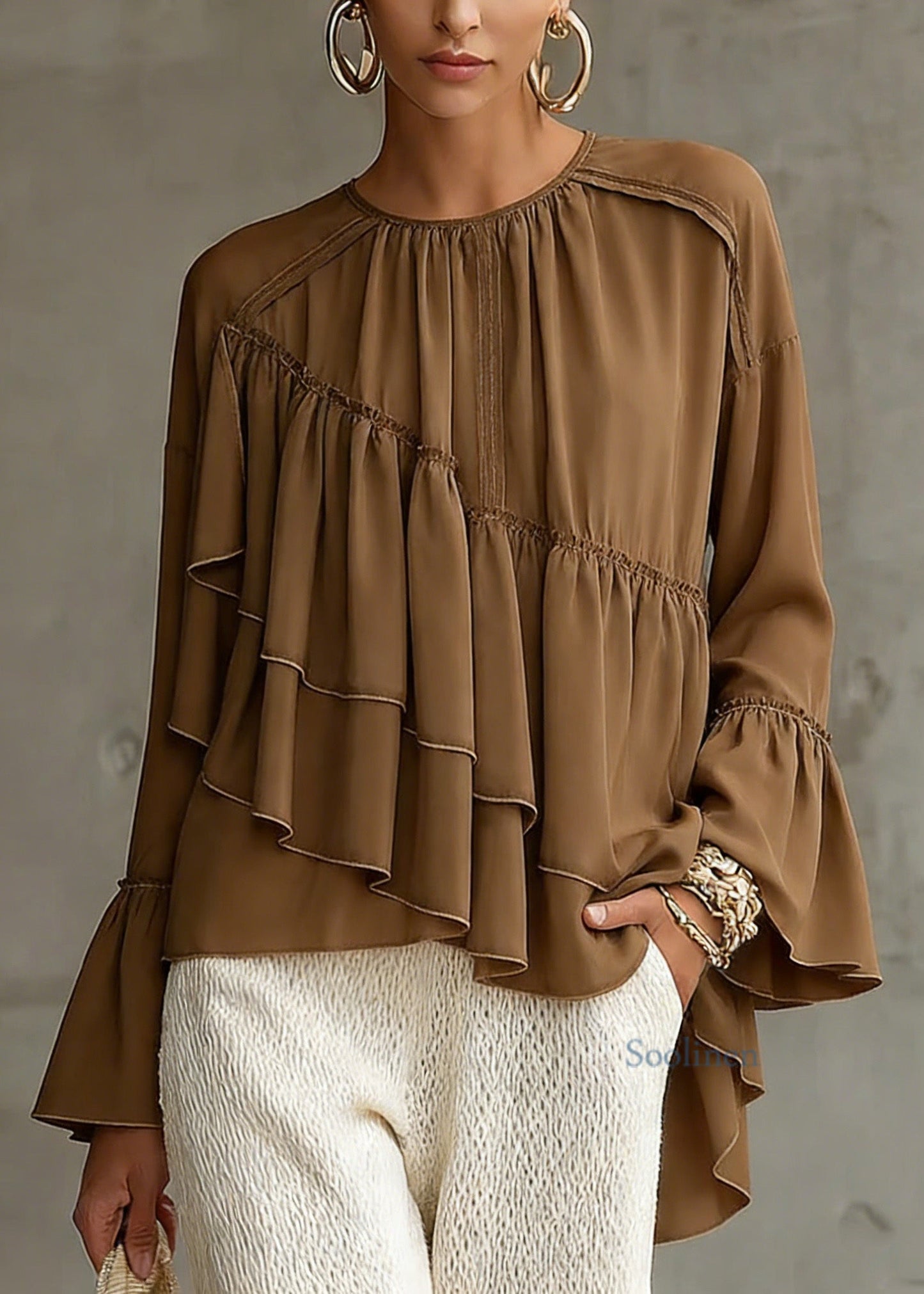 New Brown Asymmetrical Ruffled Patchwork Chiffon Shirt Top Spring