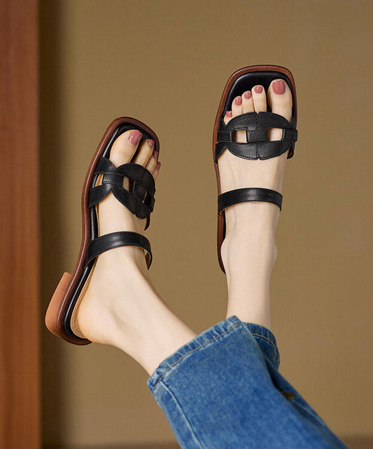 New Brown Splicing Cowhide Leather Slide Sandals Peep Toe