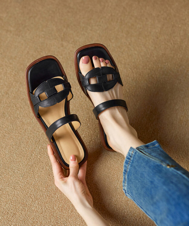 New Brown Splicing Cowhide Leather Slide Sandals Peep Toe