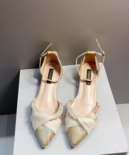 New Chinese Yellow Embroidered Pearl Chunky Heel Sandals Pointed Toe