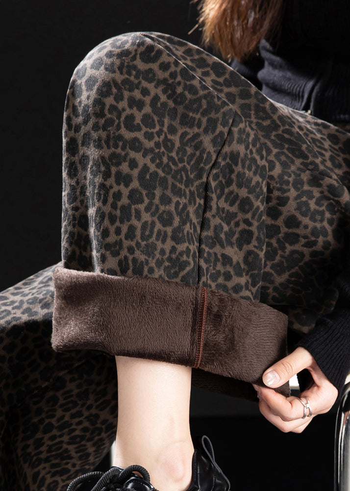 New Coffee Leopard Pockets Print Warm Fleece Denim Pants Winter