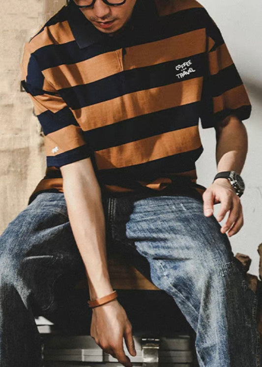 New Coffee Striped Print Cotton Mens Polo Shirt Summer