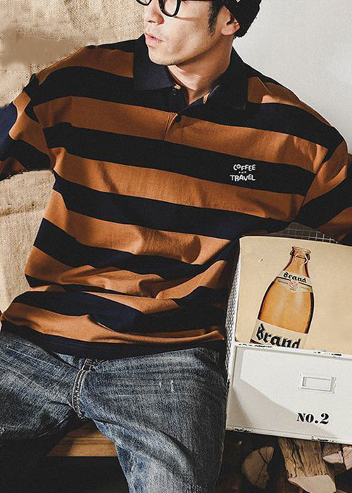 New Coffee Striped Print Cotton Mens Polo Shirt Summer
