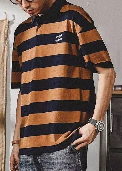 New Coffee Striped Print Cotton Mens Polo Shirt Summer