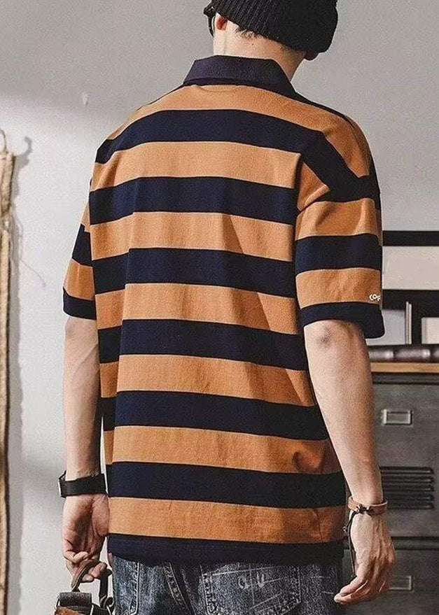 New Coffee Striped Print Cotton Mens Polo Shirt Summer