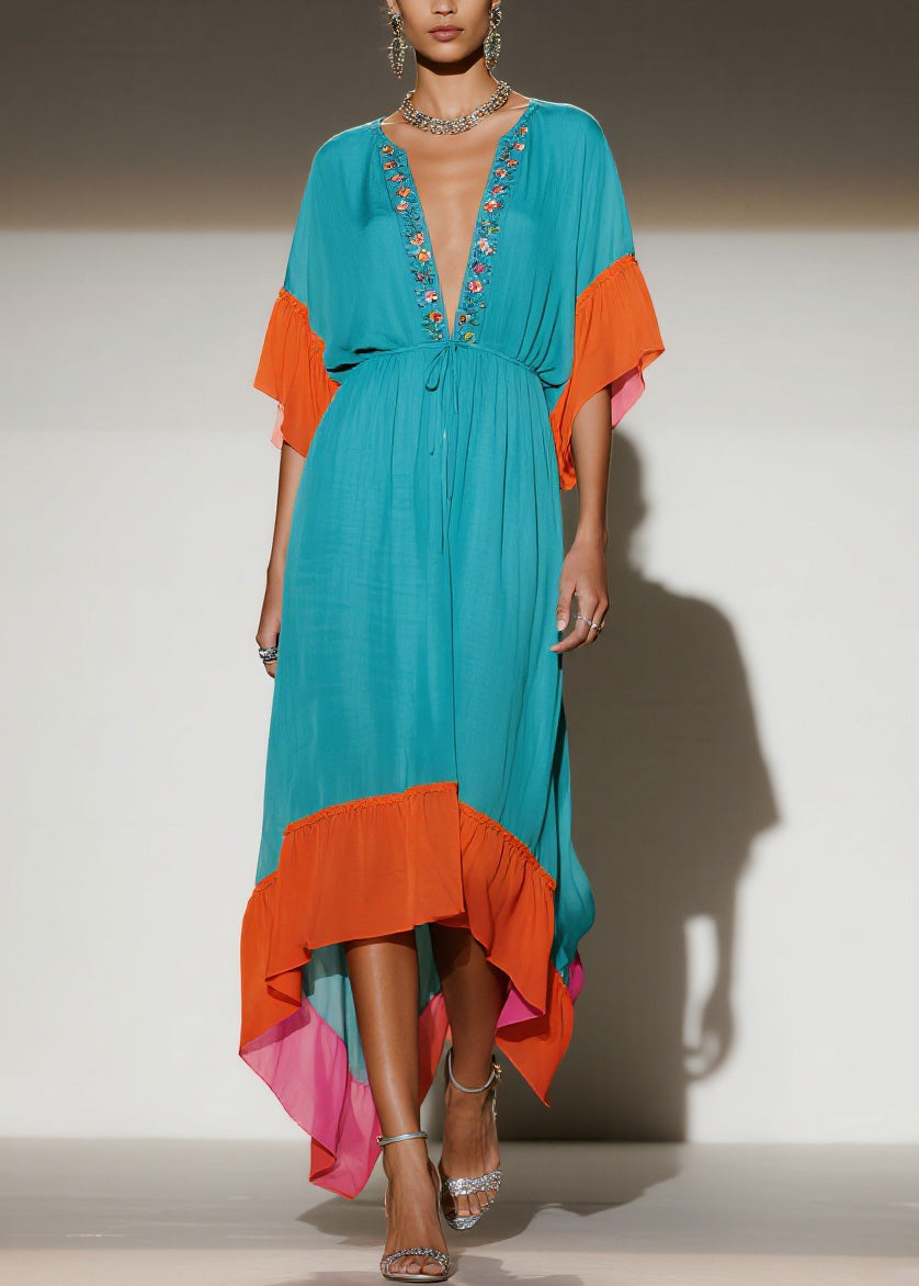 New Colorblock V Neck Print Patchwork Chiffon Dress Summer