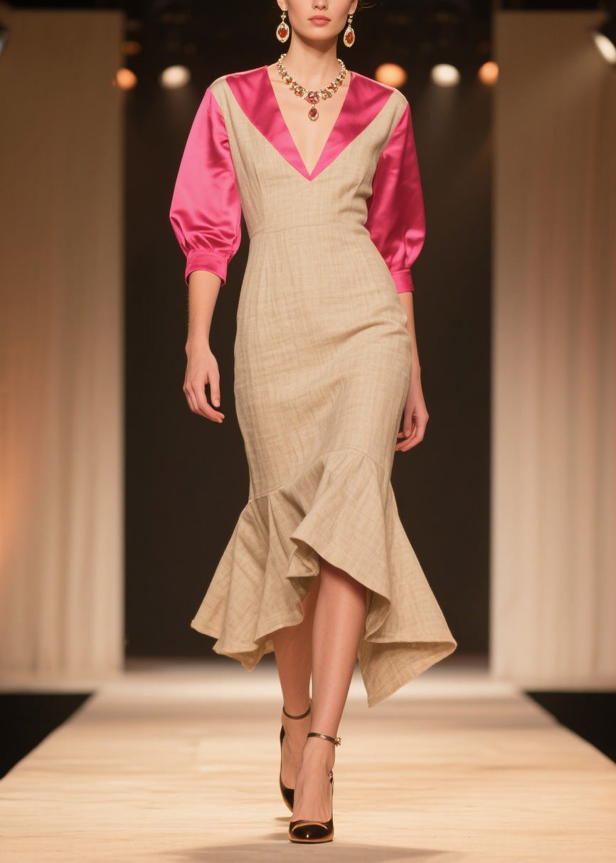 New Colorblock V Neck Ruffled Patchwork Linen Silk Dress Summer