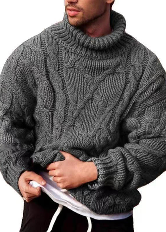 New Dark Gray Turtleneck Thick Cotton Cable Knit Men Sweater Winter