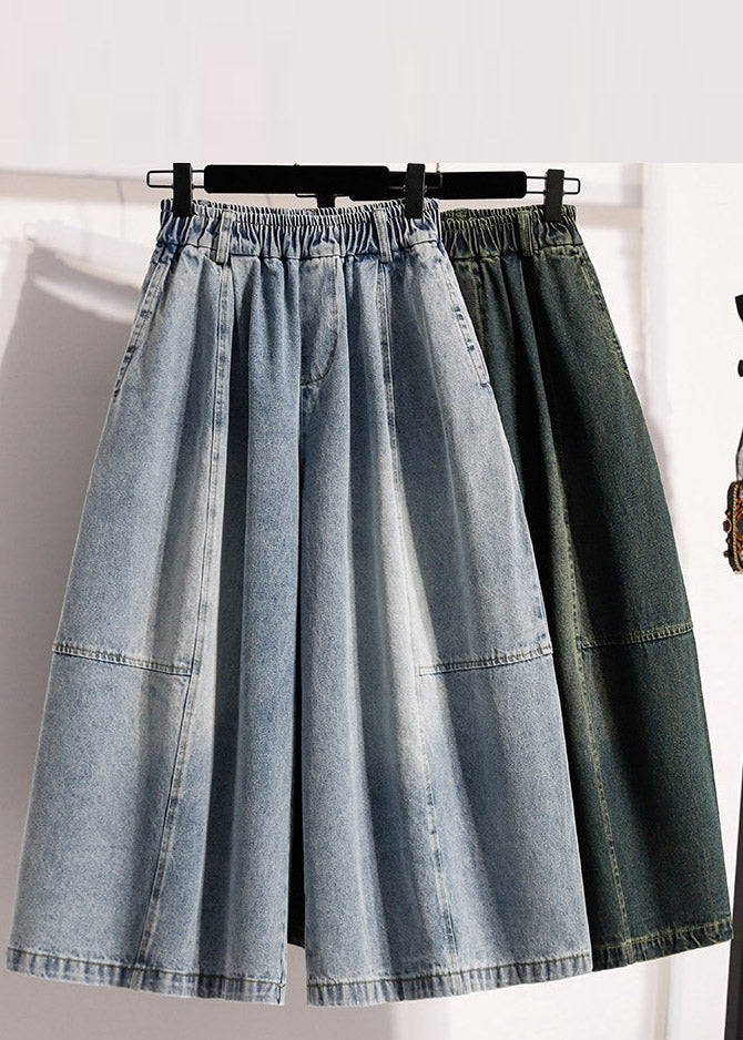New Denim Light Blue Elastic Waist Crop Wide Leg Pants