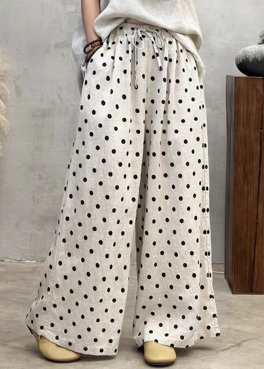 New Dot Pockets Elastic Waist Linen Wide Leg Pants Summer