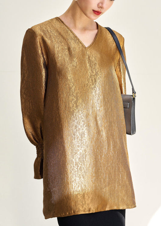 New Gold V Neck Side Open Solid Silk Shirt Fall
