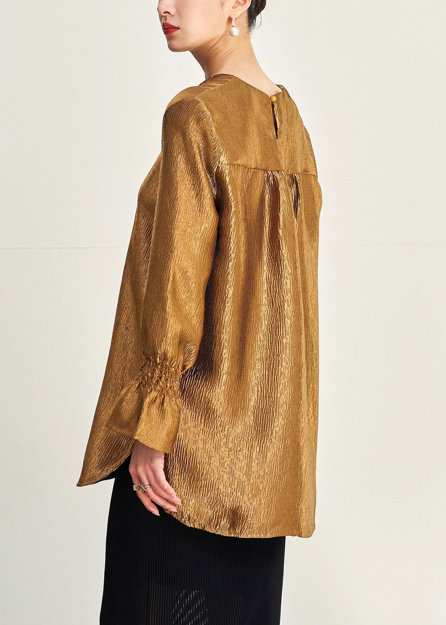 New Gold V Neck Side Open Solid Silk Shirt Fall