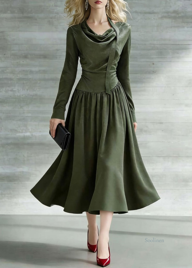 New Green Bow Wrinkled Solid Cotton Long Dresses Spring
