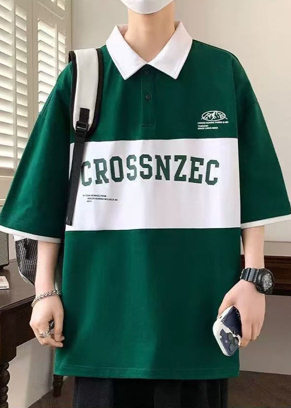 New Green Letter Patchwork Cotton Men Polo Shirt Half Sleeve