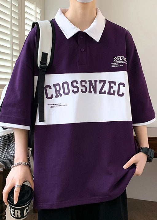 New Green Letter Patchwork Cotton Men Polo Shirt Half Sleeve