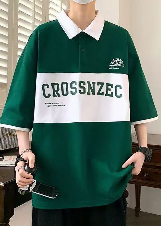 New Green Letter Patchwork Cotton Men Polo Shirt Half Sleeve