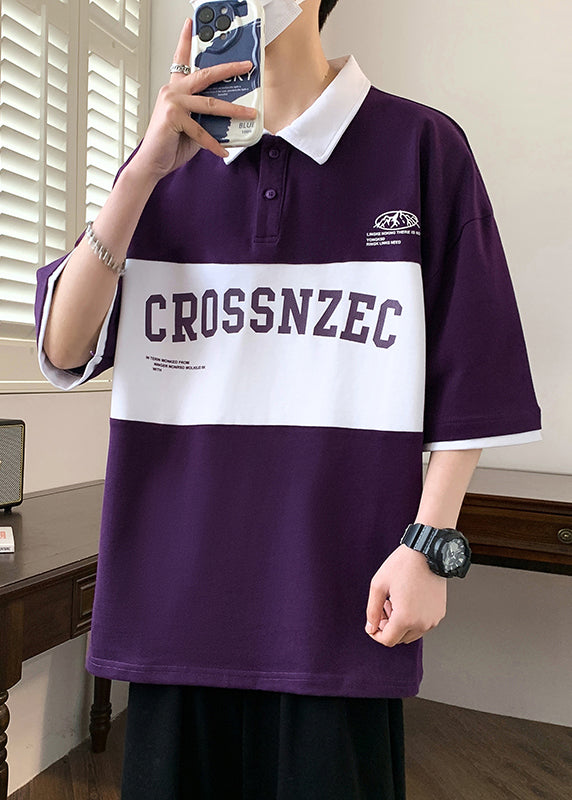 New Green Letter Patchwork Cotton Men Polo Shirt Half Sleeve