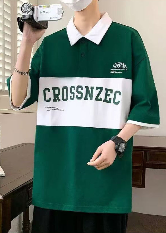 New Green Letter Patchwork Cotton Men Polo Shirt Half Sleeve