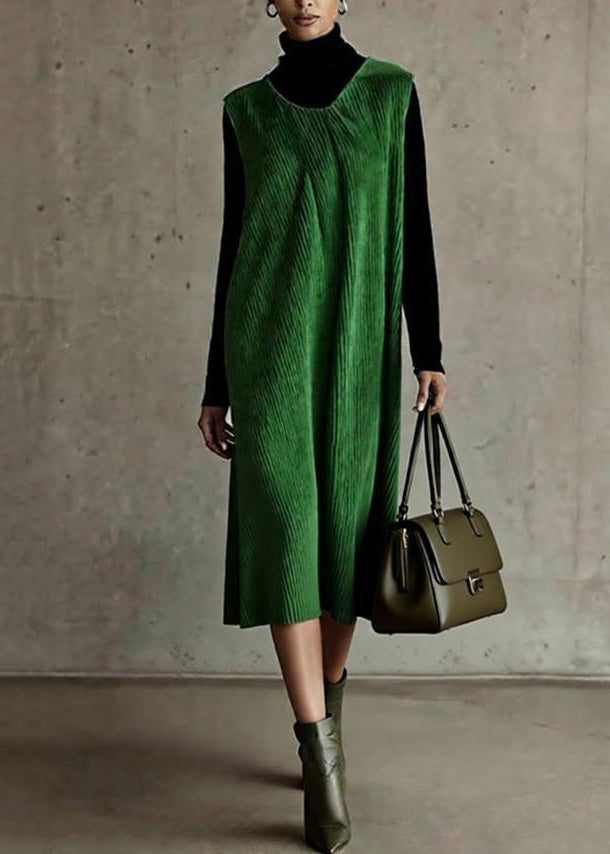 New Green O Neck Corduroy Dress Sleeveless