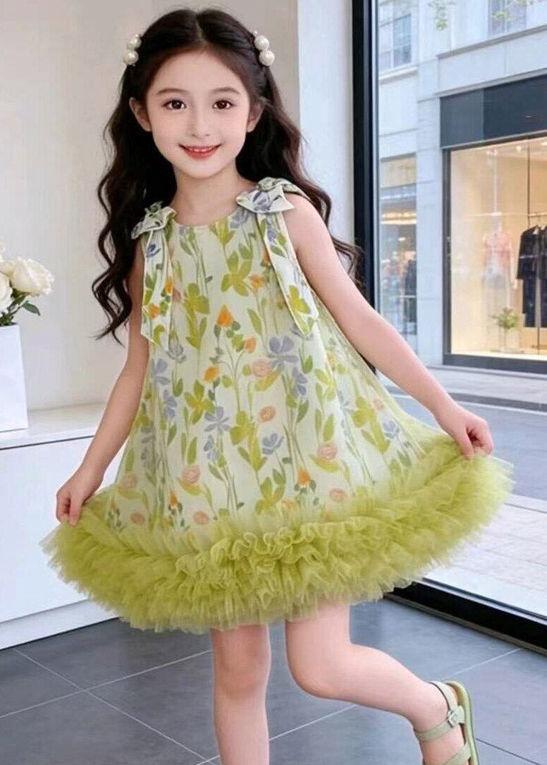 New Green O-Neck Print Tulle Girls Vacation Mid Dresses Sleeveless