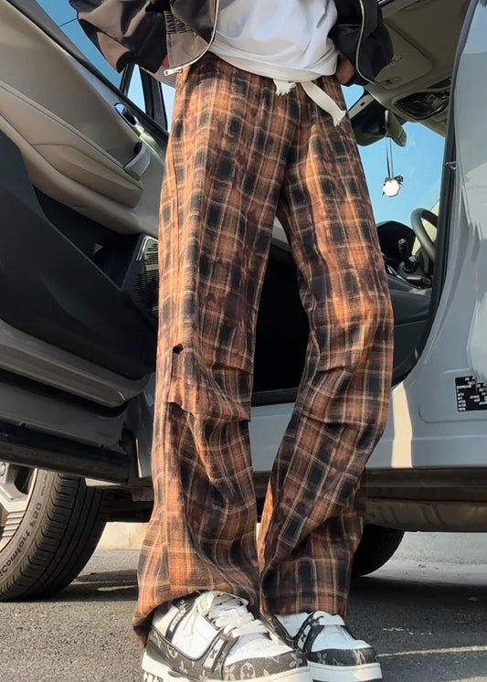 New Green Plaid Elastic Waist Cotton Mens Pants Summer