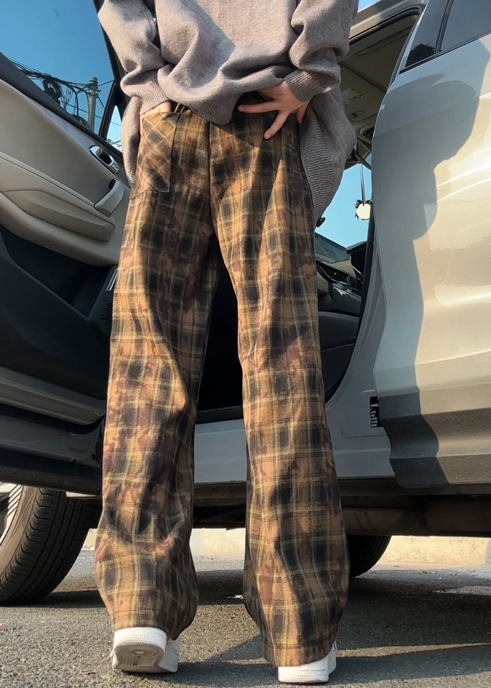 New Green Plaid Elastic Waist Cotton Mens Pants Summer